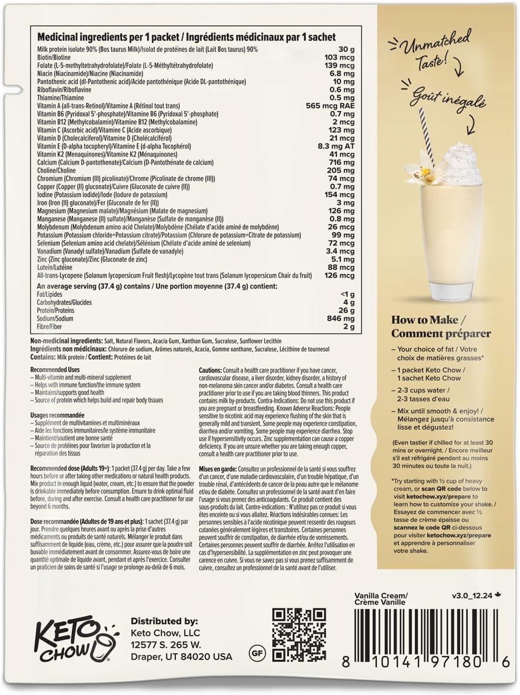 Keto Chow Vanilla Cream nutritional information 
